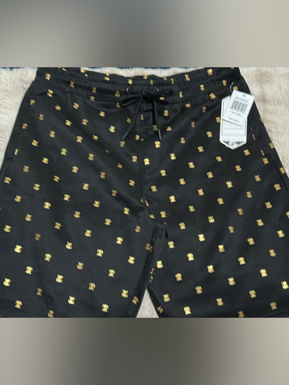 Men's Black Flat Front Shorts with Gold Motif